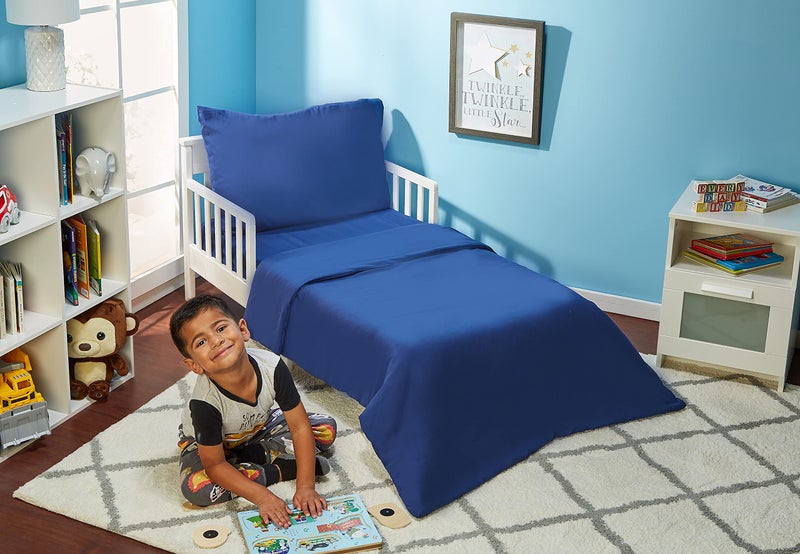 EVERYDAY KIDS 4 Piece Toddler Bedding Set - Includes Comforter, Flat Sheet, Fitted Sheet and Reversible Pillowcase - Solid Navy - Image 3